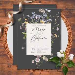 Delicate Boho Wildflowers Charcoal Wedding Invitation
