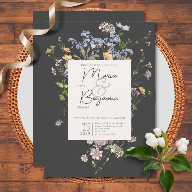 Delicate Boho Wildflowers Charcoal Wedding Invitation (Creator Uploaded)