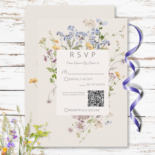 Delicate Boho Wildflowers Cream QR Code Wedding RSVP Card (Delicate Boho Wildflowers Cream QR Code Wedding RSVP Card)