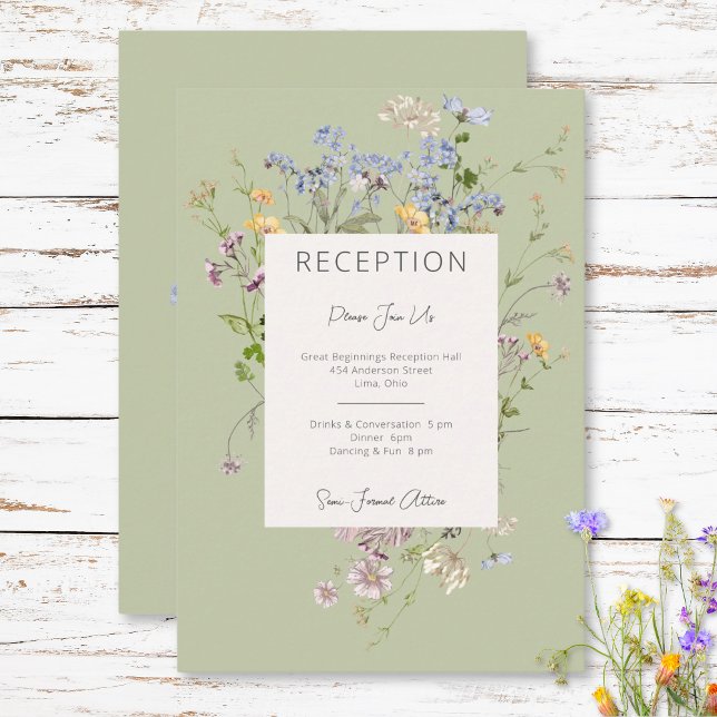 Delicate Boho Wildflowers Green Reception Wedding Enclosure Card (Delicate Boho Wildflowers Green Reception Wedding Enclosure Card)