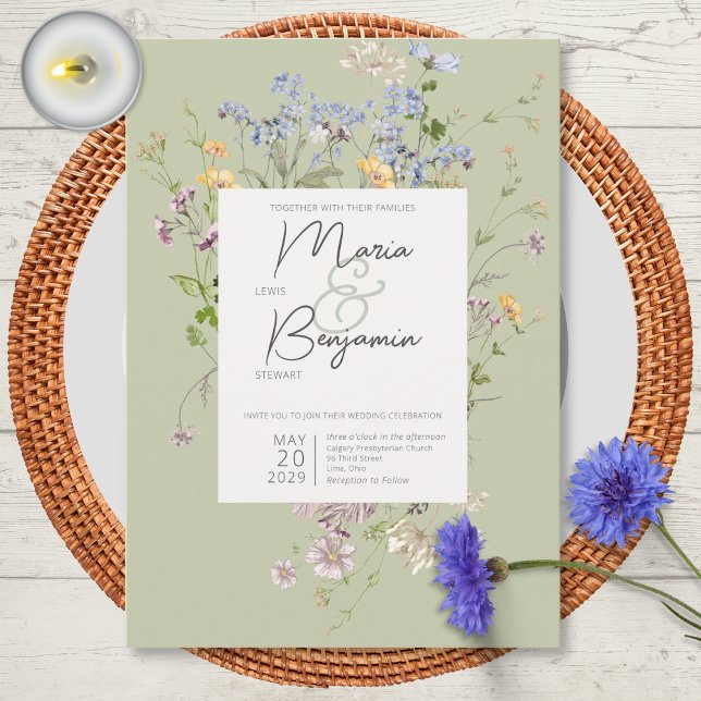 Delicate Boho Wildflowers Green Wedding Invitation (Creator Uploaded)