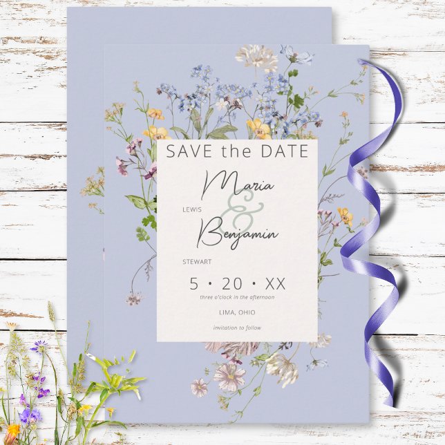 Delicate Boho Wildflowers Periwinkle Wedding Save The Date (Delicate Boho Wildflowers Periwinkle Wedding Save The Date)
