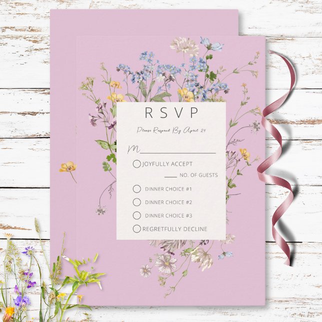 Delicate Boho Wildflowers Pink Three Dinner RSVP Card (Delicate Boho Wildflowers Pink Three Dinner RSVP Card)