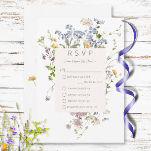 Delicate Boho Wildflowers White Three Dinner RSVP Card