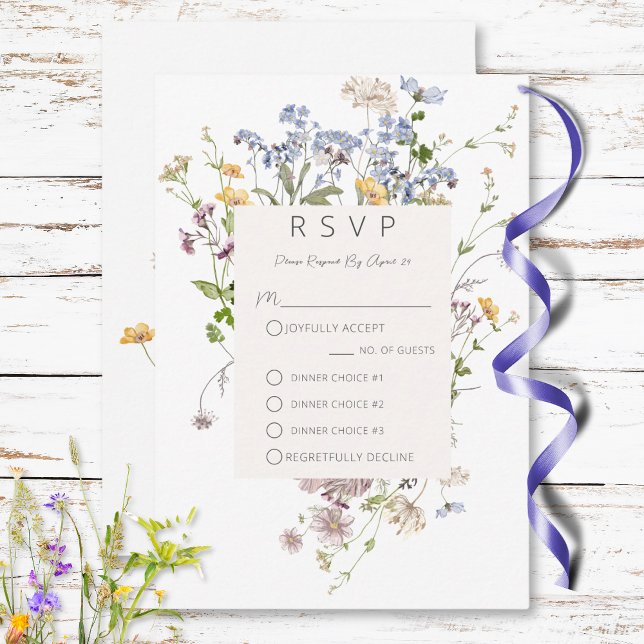 Delicate Boho Wildflowers White Three Dinner RSVP Card (Delicate Boho Wildflowers White Three Dinner RSVP Card)