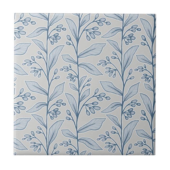 Delicate Botanic Reverie M1 Grey White Blue Plant Ceramic Tile (Front)