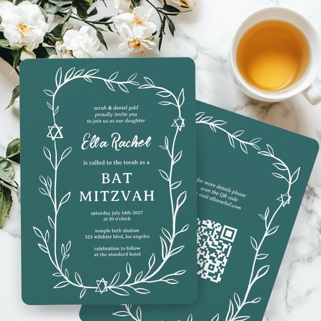 Delicate Botanical Bar Bat Mitzvah CUSTOM QR Code  Invitation (Delicate Botanical Bar Bat Mitzvah CUSTOM QR Code Invitation
)