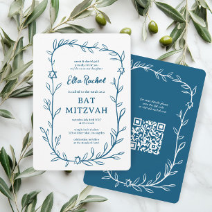 Delicate Botanical Bar Bat Mitzvah CUSTOM QR Code  Invitation