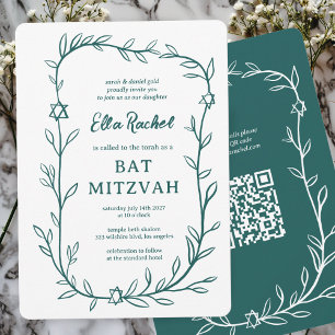 Delicate Botanical Bar Bat Mitzvah CUSTOM QR Code  Invitation
