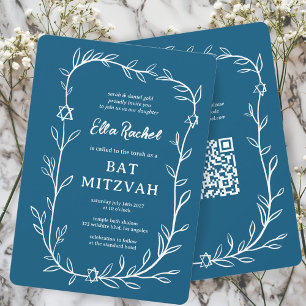 Delicate Botanical Bar Bat Mitzvah CUSTOM QR Code  Invitation