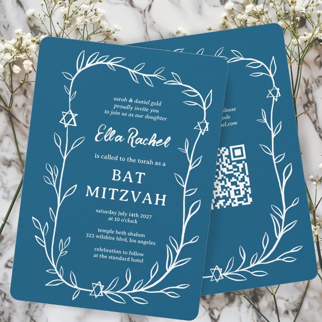 Delicate Botanical Bar Bat Mitzvah CUSTOM QR Code  Invitation (Delicate Botanical Bar Bat Mitzvah CUSTOM QR Code Invitation Blue White Hand Drawn Elegant
)