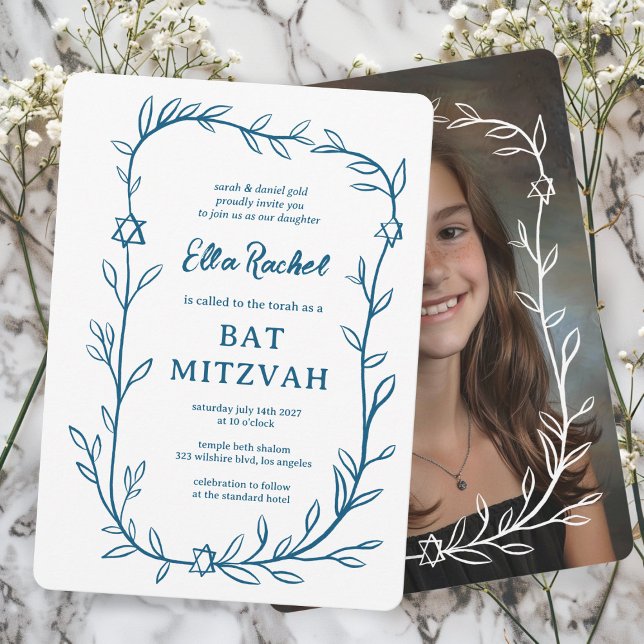 Delicate Botanical CUSTOM PHOTO Bar Bat Mitzvah Invitation (Delicate Botanical Leafy Frame Star of David CUSTOM PHOTO Bar Bat Mitzvah Invitation Elegant Trendy)