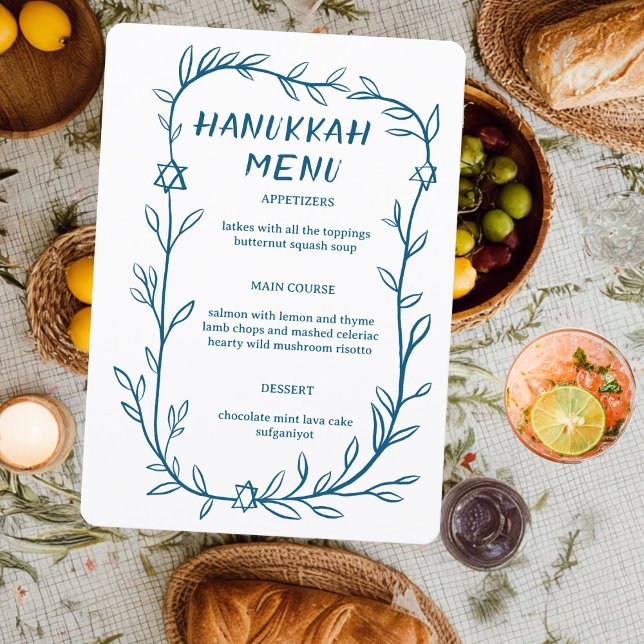 Delicate Botanical Hanukkah Party Dinner CUSTOM  Menu (Delicate Botanical Drawing Hanukkah Party Dinner CUSTOM jewish Event Menu
)