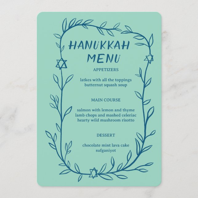 Delicate Botanical Hanukkah Party Dinner CUSTOM  Menu (Front)