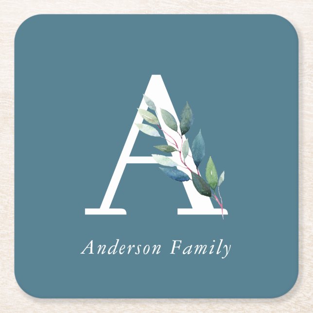 Delicate Botanical Monogram Square Paper Coaster (Front)