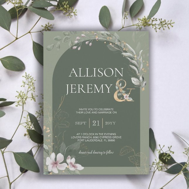 Delicate Botanical Sage Green Arch Wedding Invite (elegant arch botanical sage green photo wedding invitation)