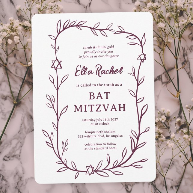 Delicate Botanical Star of David Bar Bat Mitzvah Invitation (Delicate Botanical Star of David Bar Bat Mitzvah Invitation
Doodle Sketch Elegant Purple)