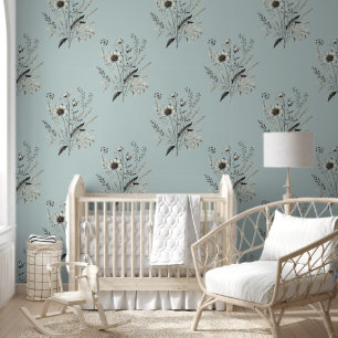Delicate Botanicals on a Vintage Blue Background Wallpaper