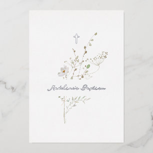 delicate bouquet Baptism silver foil Invitation