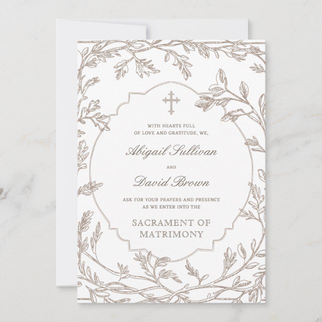 Delicate Brown Foliage Frame Catholic Wedding Invitation (Front)