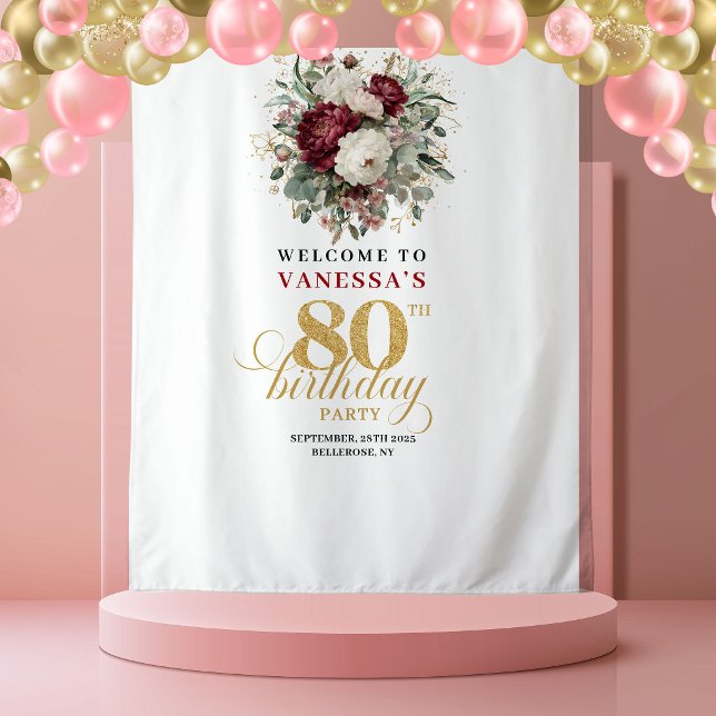 Delicate Burgundy 80th Birthday Backdrop Tapestry (Delicate Burgundy 80th Birthday Backdrop)