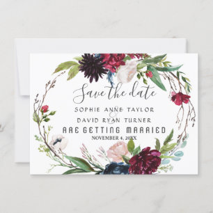 Delicate Burgundy Blue Floral Wreath Save The Date