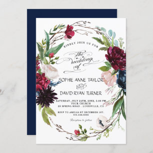Delicate Burgundy Blue Floral Wreath Wedding Invitation