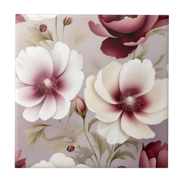 Delicate Burgundy Botanical Floral Ceramic Tile (Front)