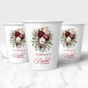 Delicate Burgundy Floral Bridal Shower Paper Cups