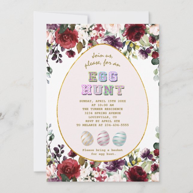 Delicate Burgundy Flowers Gold Egg Hunt Easter Invitation (Front)