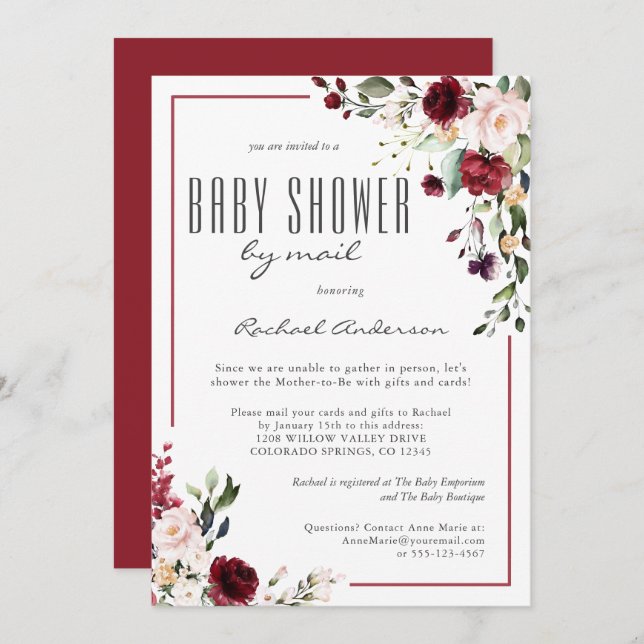 Delicate Burgundy Roses Baby Shower by Mail Invitation (Front/Back)