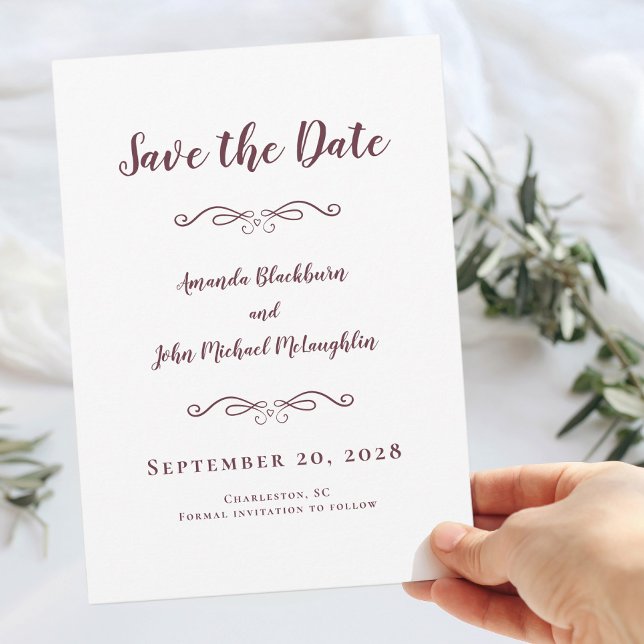 Delicate Burgundy Script Romantic Calligraphy Chic Save The Date (Delicate Burgundy Script Romantic Calligraphy Chic Save The Date Wedding Invitation Announcement )