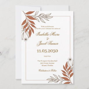 Delicate Burnt Orange Botanical Line Art Wedding Invitation