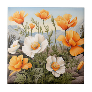 Delicate California Poppy Floral Ceramic Tile