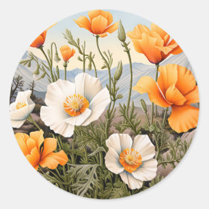 Delicate California Poppy Floral Classic Round Sticker