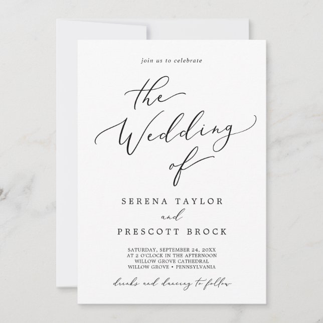 Delicate Calligraphy All In One Drinks Wedding Invitation (Front)
