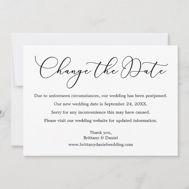 Delicate Calligraphy Change The Date Wedding Card (Front)