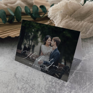 Delicate Calligraphy Dark Photo Overlay  Thank You Card