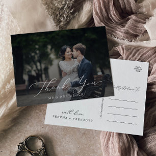 Delicate Calligraphy Dark Photo Overlay Thank You Postcard