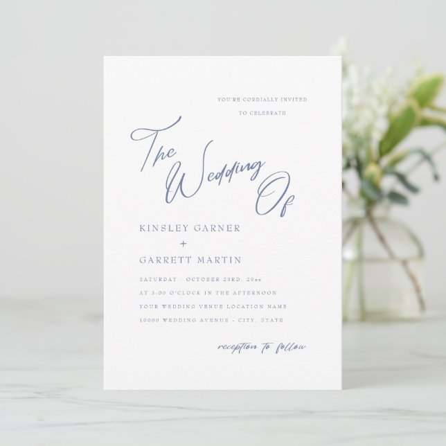 Delicate Calligraphy Dusty Blue Wedding Invitation (Standing Front)