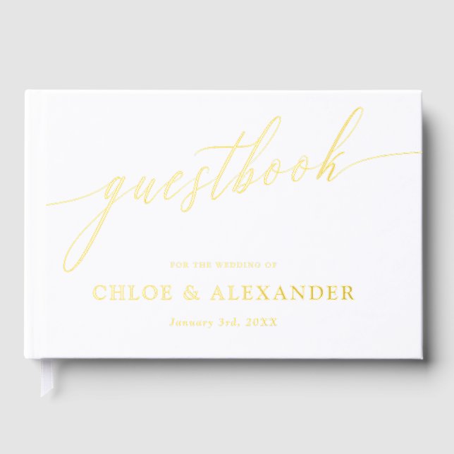 Delicate Calligraphy Gold & White Wedding Guest Book (Front)