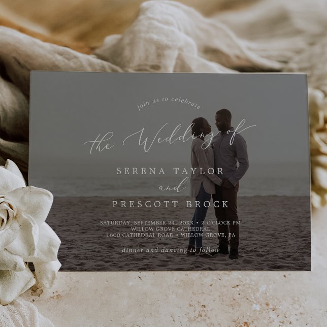 Delicate Calligraphy Horizontal Dark Photo Wedding Invitation (Creator Uploaded)