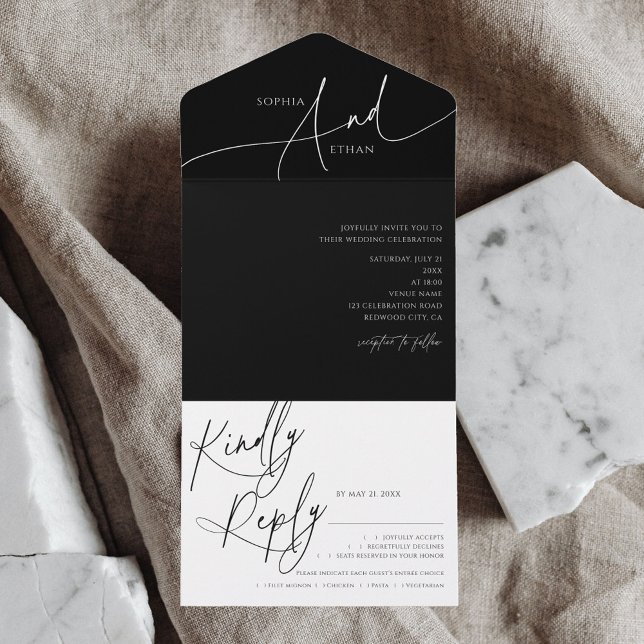 Delicate Calligraphy Minimalist Black Wedding All In One Invitation (Creator Uploaded)