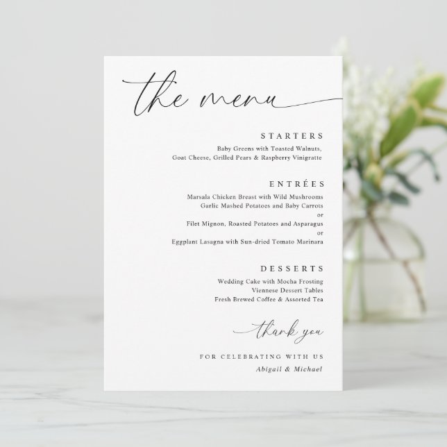 Delicate Calligraphy Modern Romantic Wedding Menu (Standing Front)