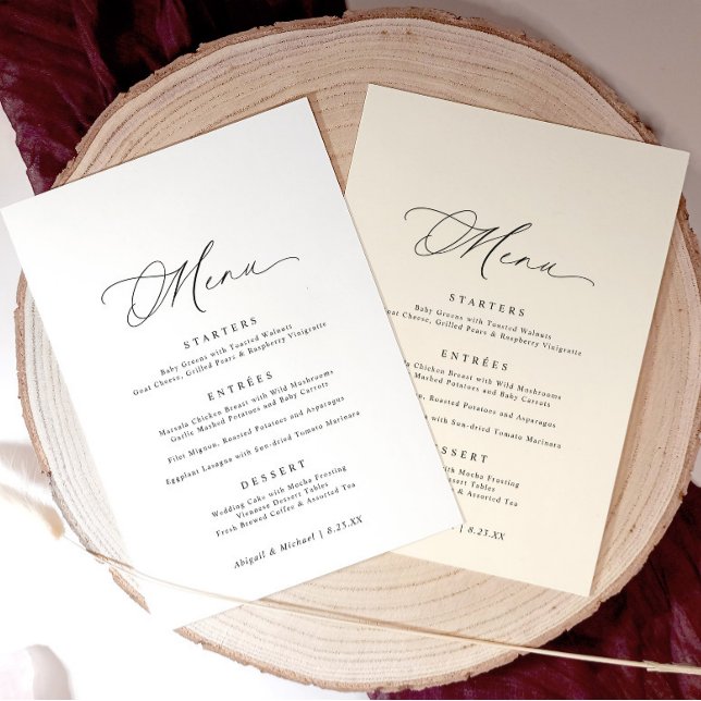 Delicate Calligraphy Modern Romantic Wedding Menu (5x7 wedding menu with calligraphy and space for name tags—perfect for personal place settings.)