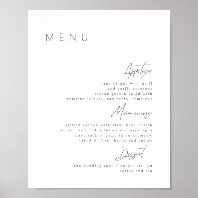 Delicate Calligraphy Modern Wedding Menu Poster (Front)