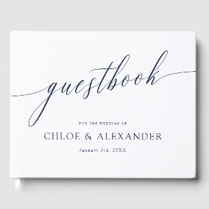 Delicate Calligraphy Navy Blue White Wedding Guest Book