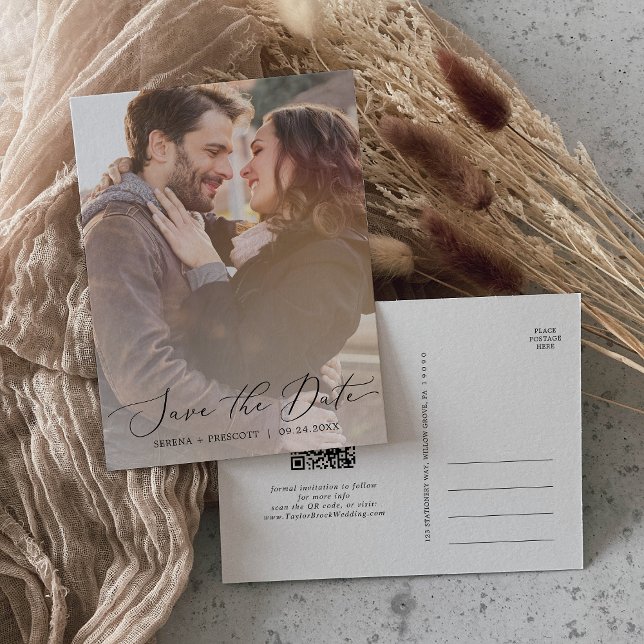 Delicate Calligraphy Photo QR Code Save the Date Invitation Postcard (Creator Uploaded)