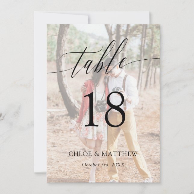 Delicate Calligraphy Photo Wedding Table Number (Front)