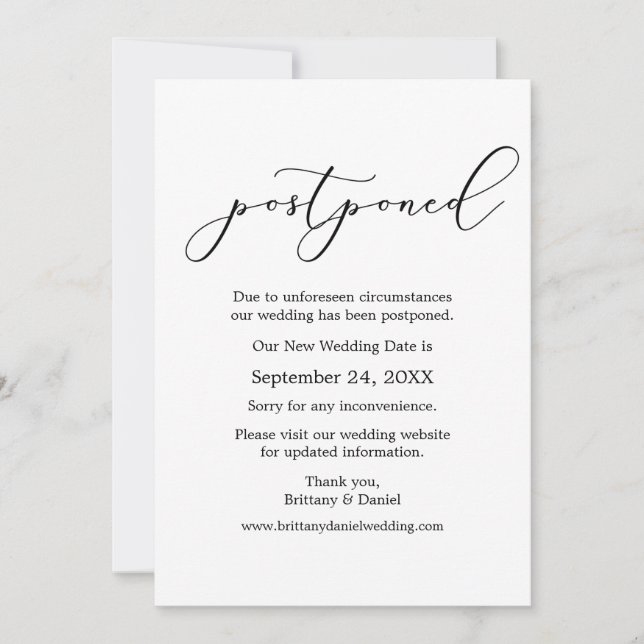 Delicate Calligraphy Postponed Wedding Date Card (Front)